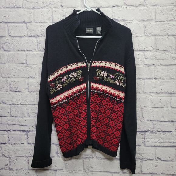 Vintage Erika Black Embroidered Full Zip Sweater Size L Boho Floral Collar Ramie - Picture 1 of 8